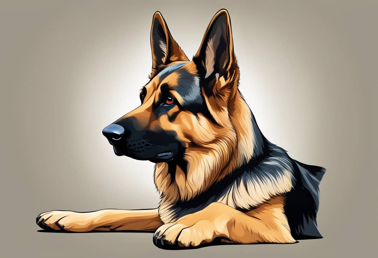 A German Shepherd sits calmly, ears alert, eyes focused. A wagging tail and relaxed posture show its friendly and loyal temperament